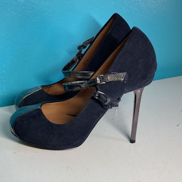 L. A. M. B. Gwen Stefani Womens Size 8 Black Leather Spike 4" Heels 1" Platform - Picture 7 of 16